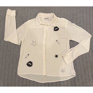 Laurie Masha Beverly Hills White Button-Up Shirt W/ Fun Embroidered Lips & Stars